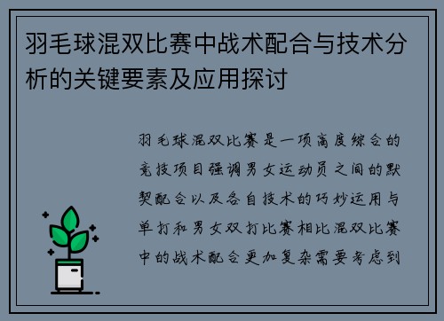 羽毛球混双比赛中战术配合与技术分析的关键要素及应用探讨 羽毛球混双比赛中战术配合与技术分析的关键要素及应用探讨